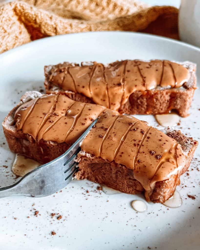 vegan banana bread topped with peanut butter 
