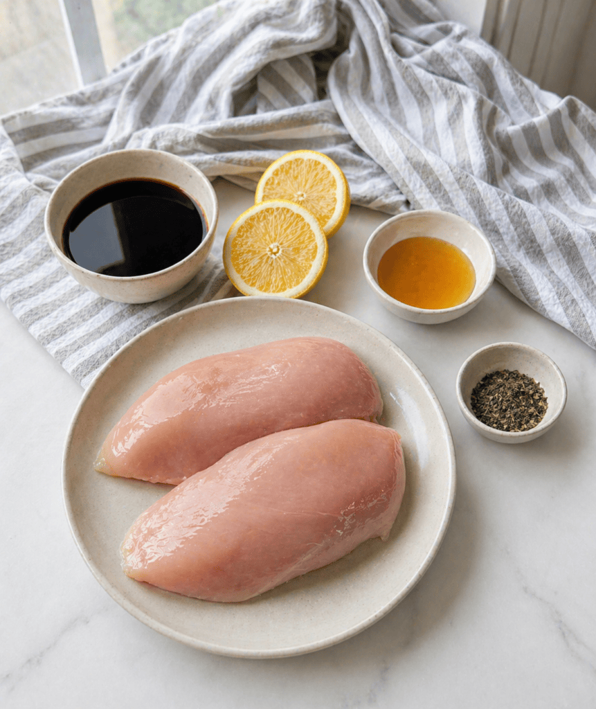 lemon, bowl of honey, bowl of spices, bowl of soy sauce and chicken