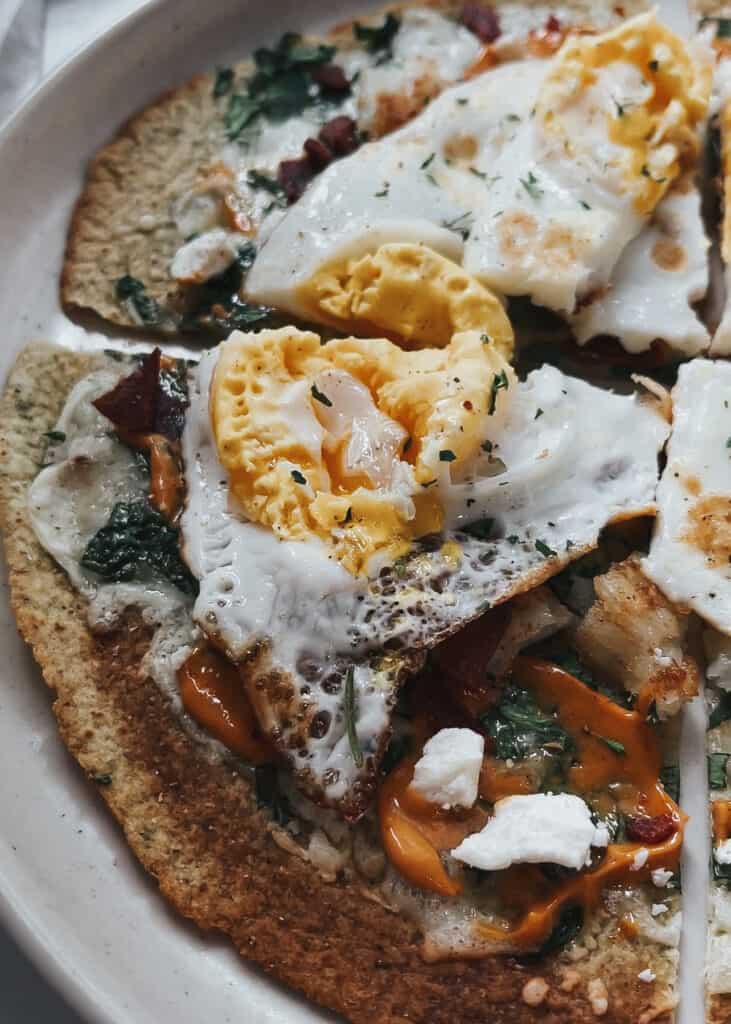 close up of breakfast pizza slices