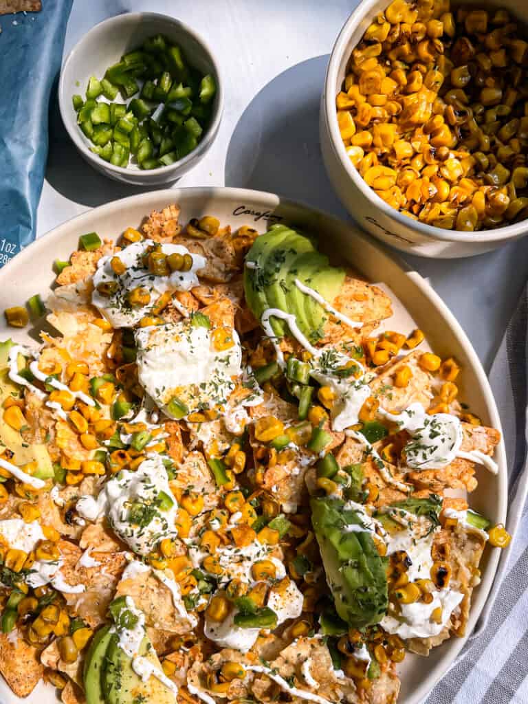 Loaded Gluten free Nachos with Corn and Jalapeños