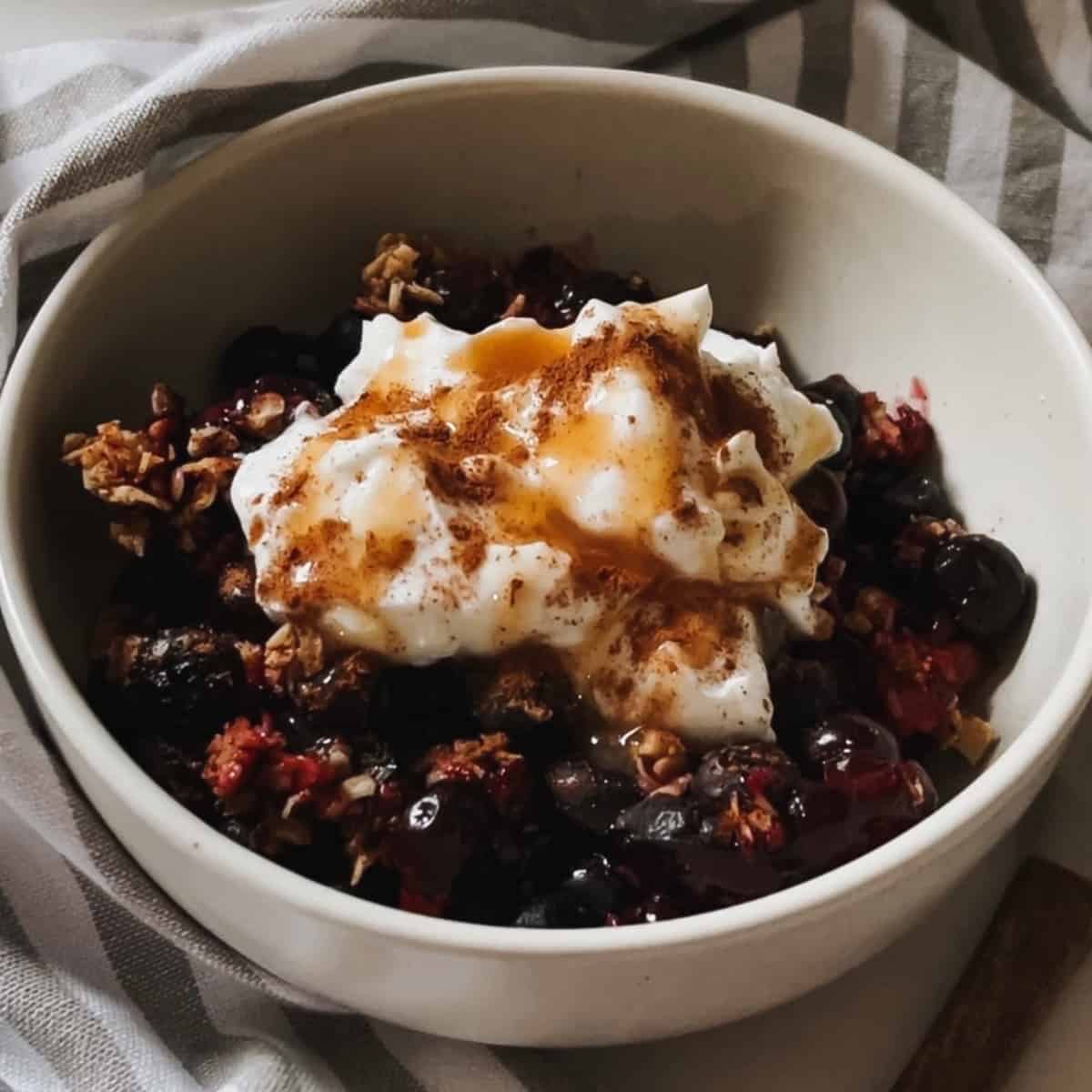 berry cobbler with cool whip and caramel
