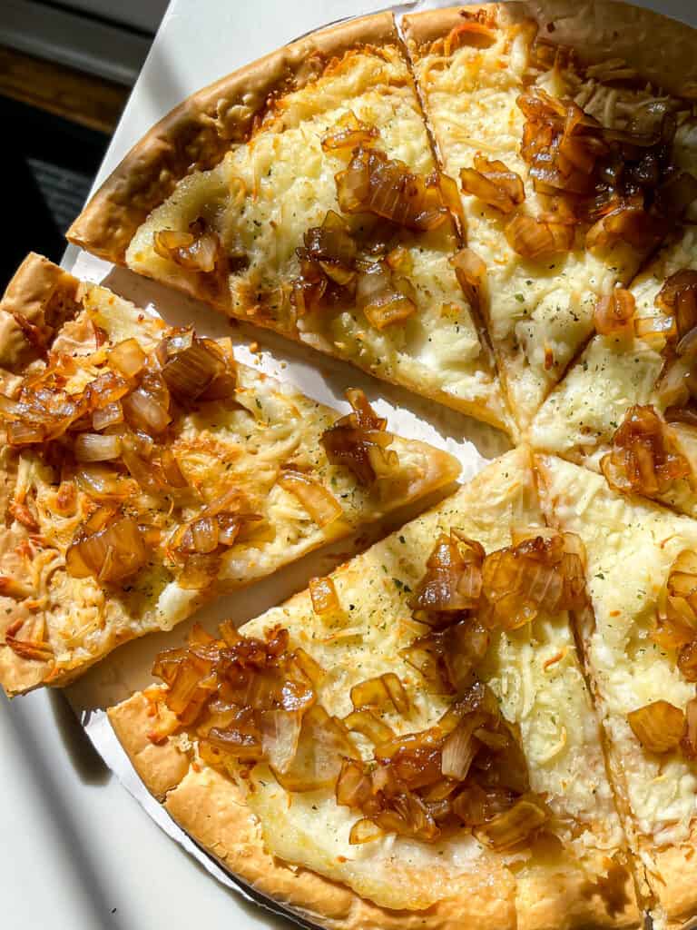 gluten free pizza with caramelized onions