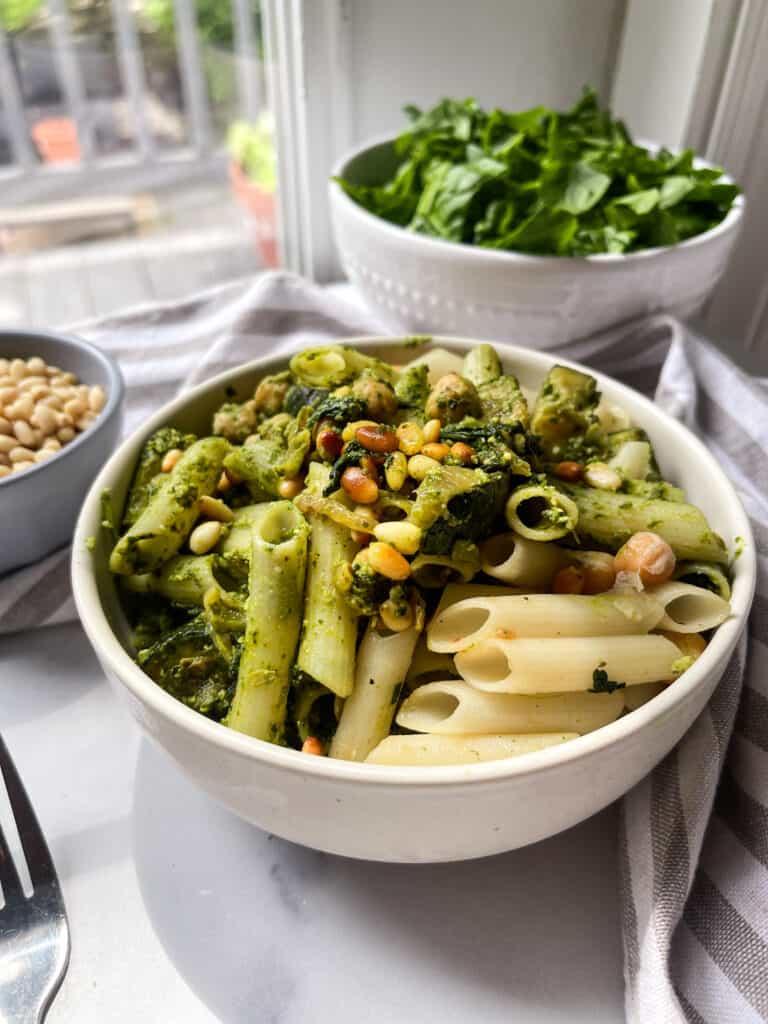 creamy pesto pasta with ingredients