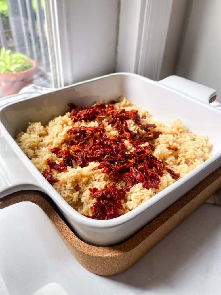 hearts of palm and sundried tomatoes in casserole dish
