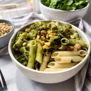 creamy pesto pasta with pine nuts