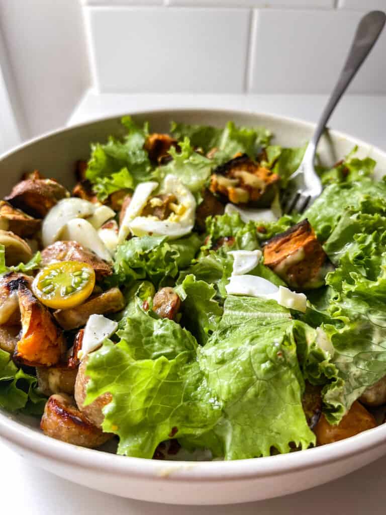 Chicken sausage salad with sweet potatoes and honey mustard