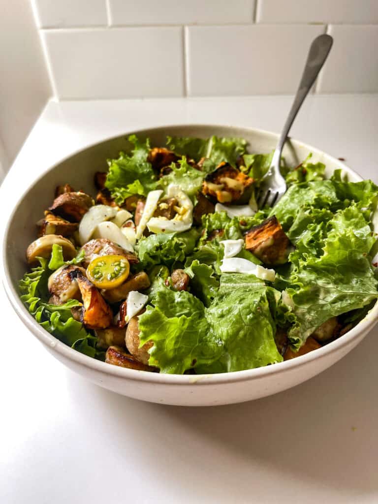 Chicken sausage salad with sweet potatoes and honey mustard