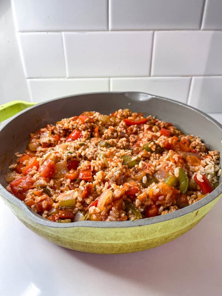 meal prep with ground turkey, veggies and rice