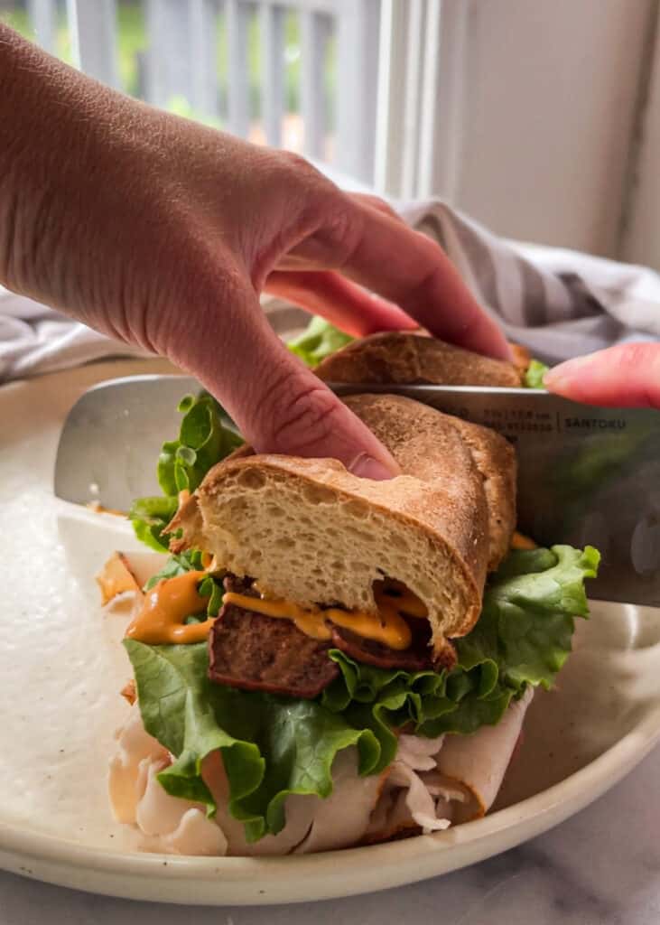 Turkey and roast beef sandwich on a gluten free baguette