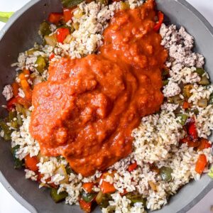 meal prep with ground turkey, veggies and rice