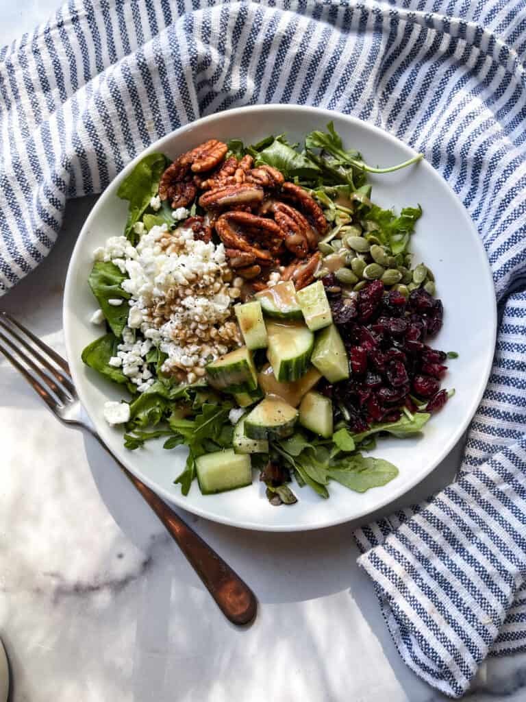 Spinach Arugula Salad with Feta and Pecans