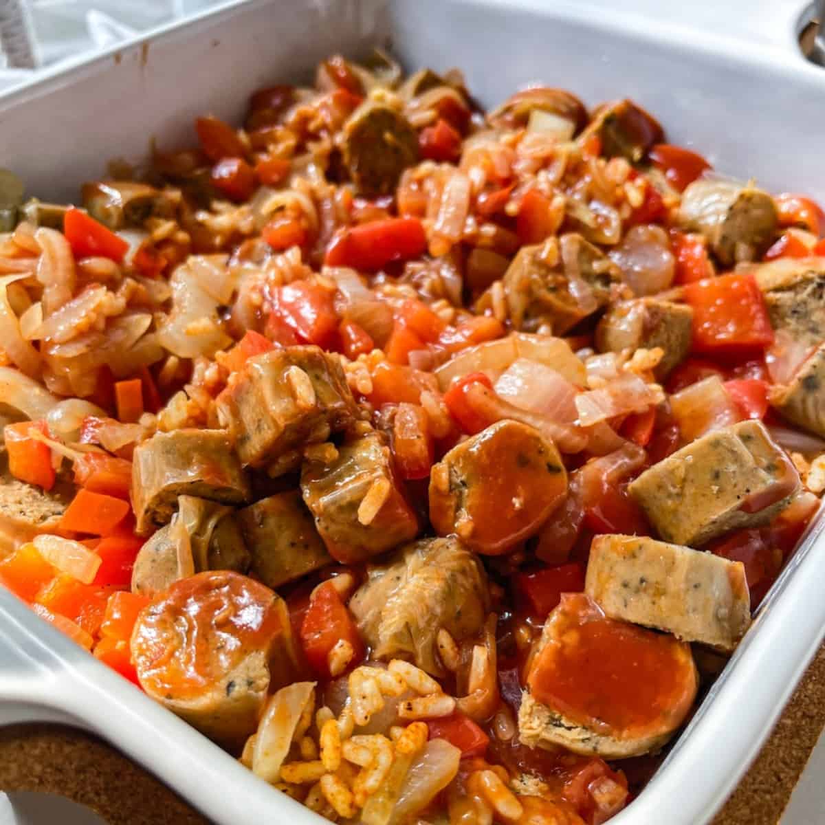 vegan casserole with peppers, onions and rice.