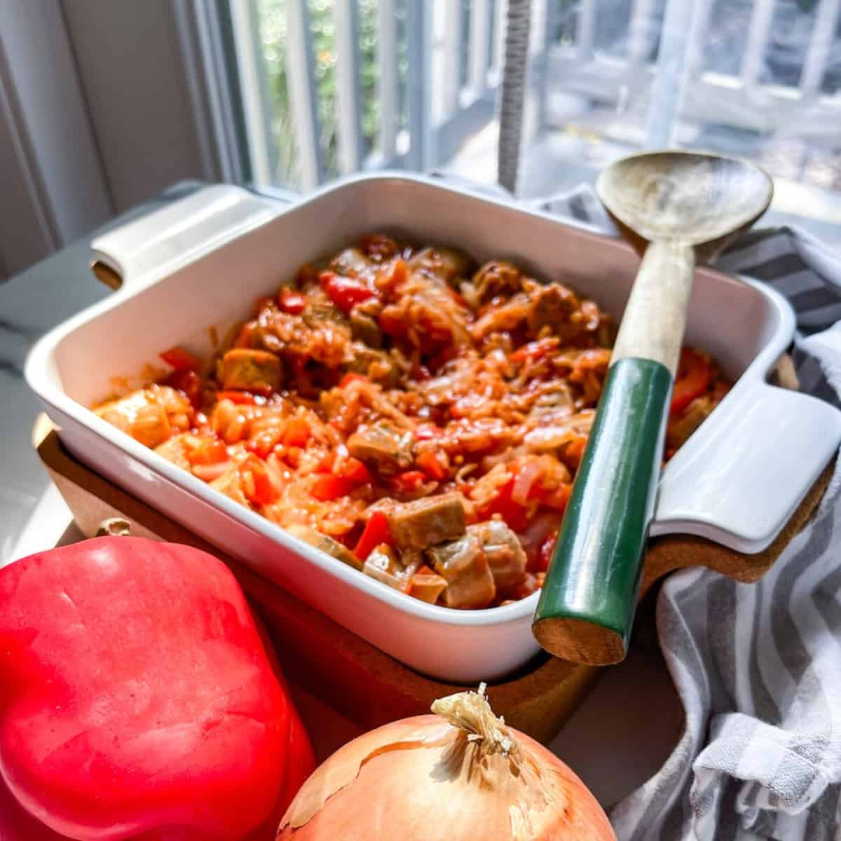vegan sausage and peppers casserole