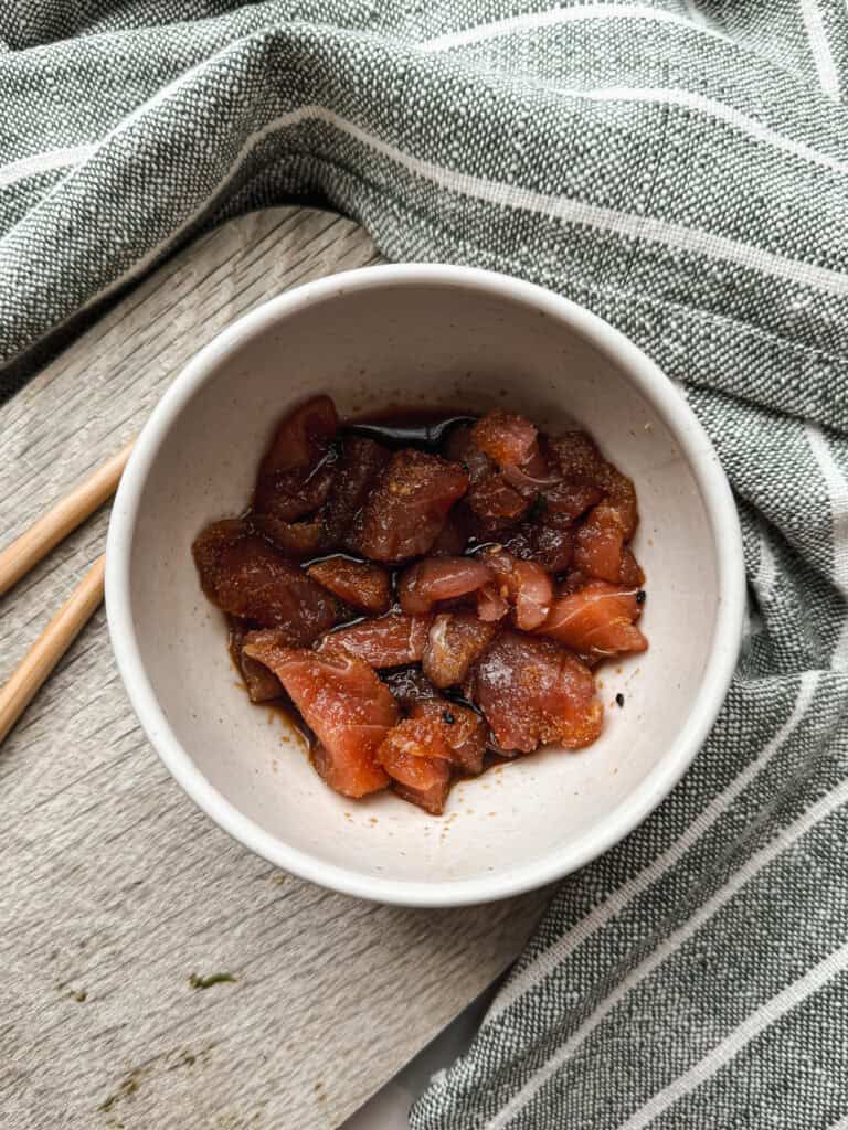 tuna marinating in soy sauce