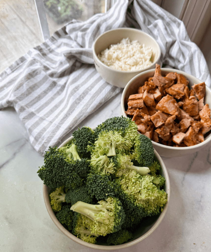 Gluten-Free Teriyaki Chicken, a bowl of rice, a bowl of broccoli