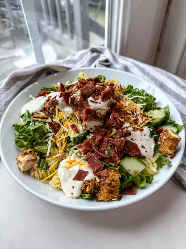 chicken bacon pasta salad, chicken bacon ranch pasta salad, gluten free pasta salad