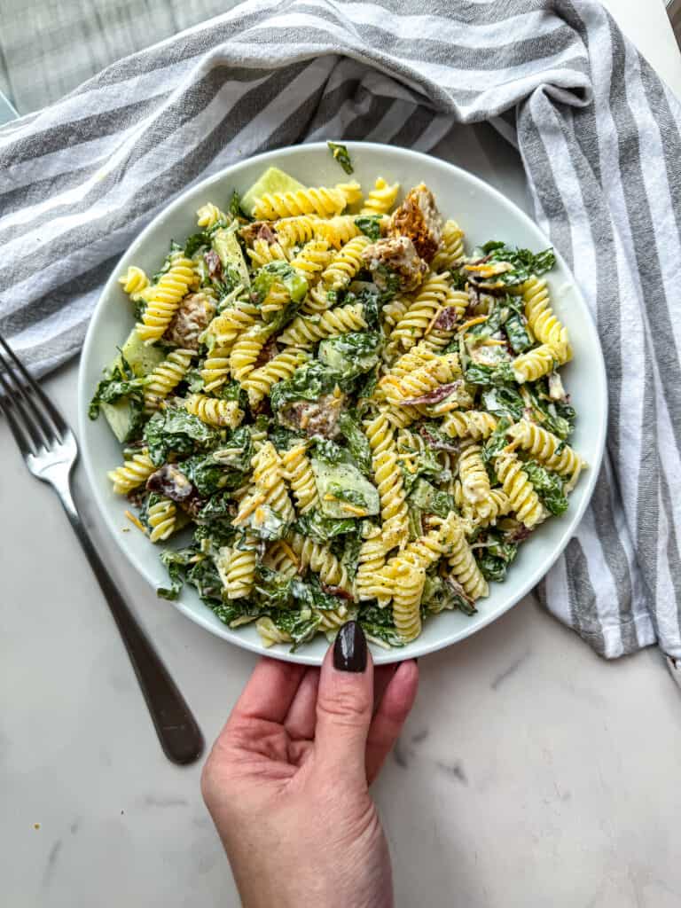 chicken bacon pasta salad, chicken bacon ranch pasta salad, gluten free pasta salad