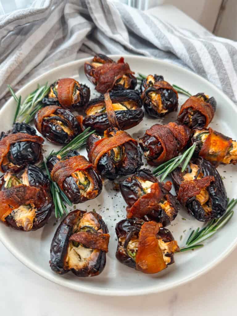 air fryer bacon wrapped dates, cream cheese stuffed dates