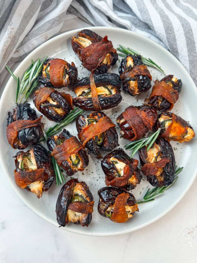 air fryer bacon wrapped dates, cream cheese stuffed dates