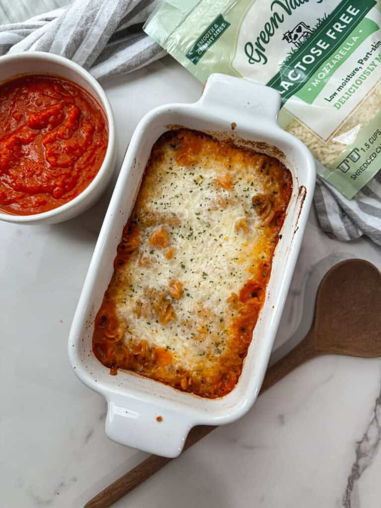 gluten free pasta bake topped with cheese